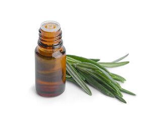 Bottle of rosemary essential oil on white background