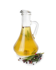 Bottle of rosemary oil on white background