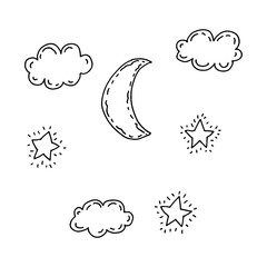 Hand-drawn pen sketch set of clouds, moon and stars.