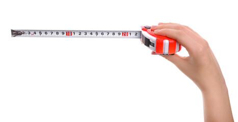 Female hand with measuring tape on white background