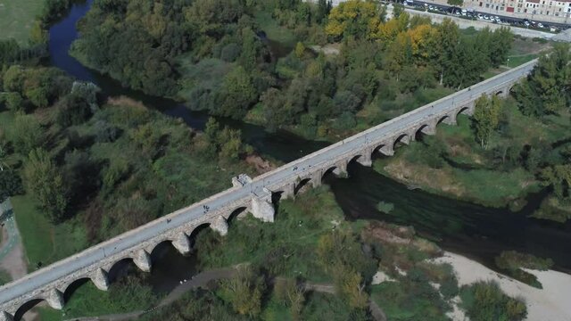 Bridge in river of Salamanca, beautiful city of Spain. Aerial Drone Footage