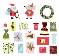 Set of Merry Christmas symbols and characters: Santa Claus, presents, mouse and gift boxes. Cartoon illustration.