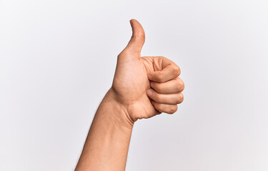 Hand of caucasian young man showing fingers over isolated white background doing successful...