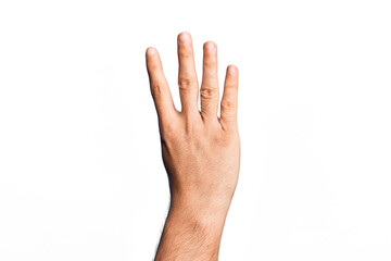 Hand of caucasian young man showing fingers over isolated white background counting number 4 showing four fingers