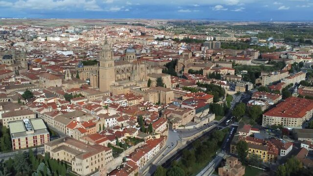 Cathedral of Salamanca, historical city of Spain. Aerial Drone Footage