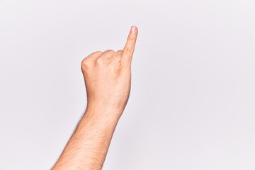 Close up of hand of young caucasian man over isolated background showing little finger as pinky promise commitment, number one