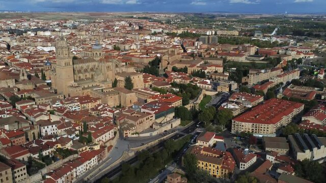 Cathedral of Salamanca, historical city of Spain. Aerial Drone Footage