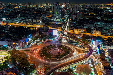 Victory Monument during Twilight, a traffic intersection in the heart of the capital city of Bangkok, Thailand.