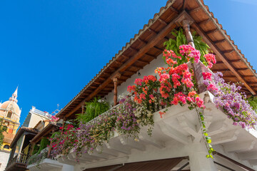 Famous colonial Cartagena Walled City (Cuidad Amurrallada) and its colorful buildings in historic...