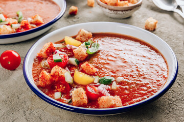 Spanish summer cold soup gazpacho with vegetables on concrete background.