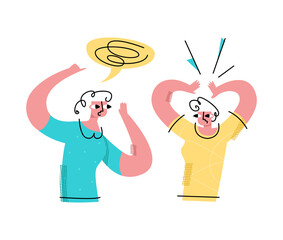 Vector flat illustration communication, gossip, friends, two women about different things. One whispers something in other s ear. Concept information exchange, misinformation, secrets, public news.