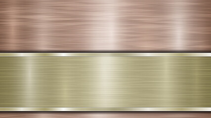 Background consisting of a bronze shiny metallic surface and one horizontal polished golden plate located below, with a metal texture, glares and burnished edges