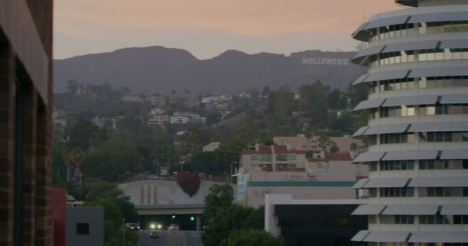 Evening pan from brick building to Hollywood sign