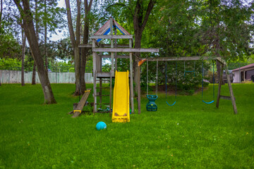 Backyard swingset playground in summer