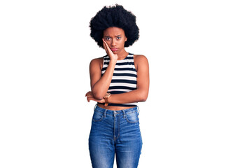 Young african american woman wearing casual clothes thinking looking tired and bored with depression problems with crossed arms.