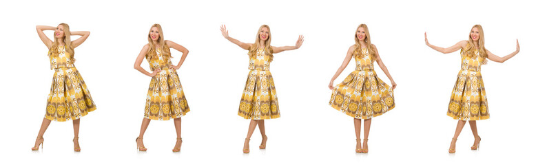 Naklejka premium Pretty girl in yellow floral dress isolated on white