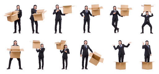 Funny man with boxes on white
