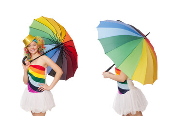 Woman with colorful umbrella on white