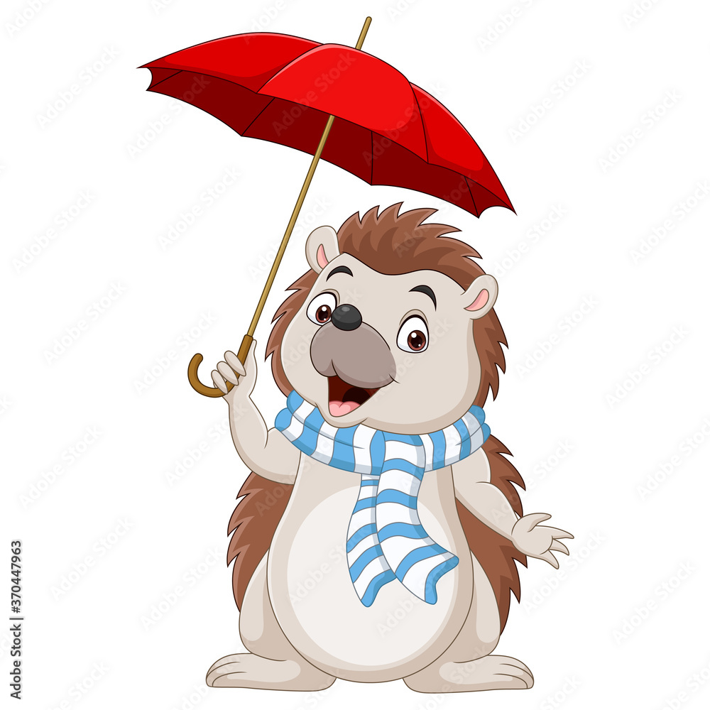 Wall mural Cartoon little hedgehog in a scarf with umbrella