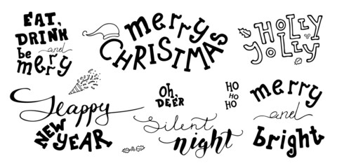 Merry Christmas and Happy New Year set lettering. Vector logo, emblems, text design. Usable for banners, greeting cards, gifts etc.