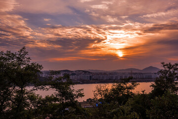 Beautiful sunset, red and yellow sunlight