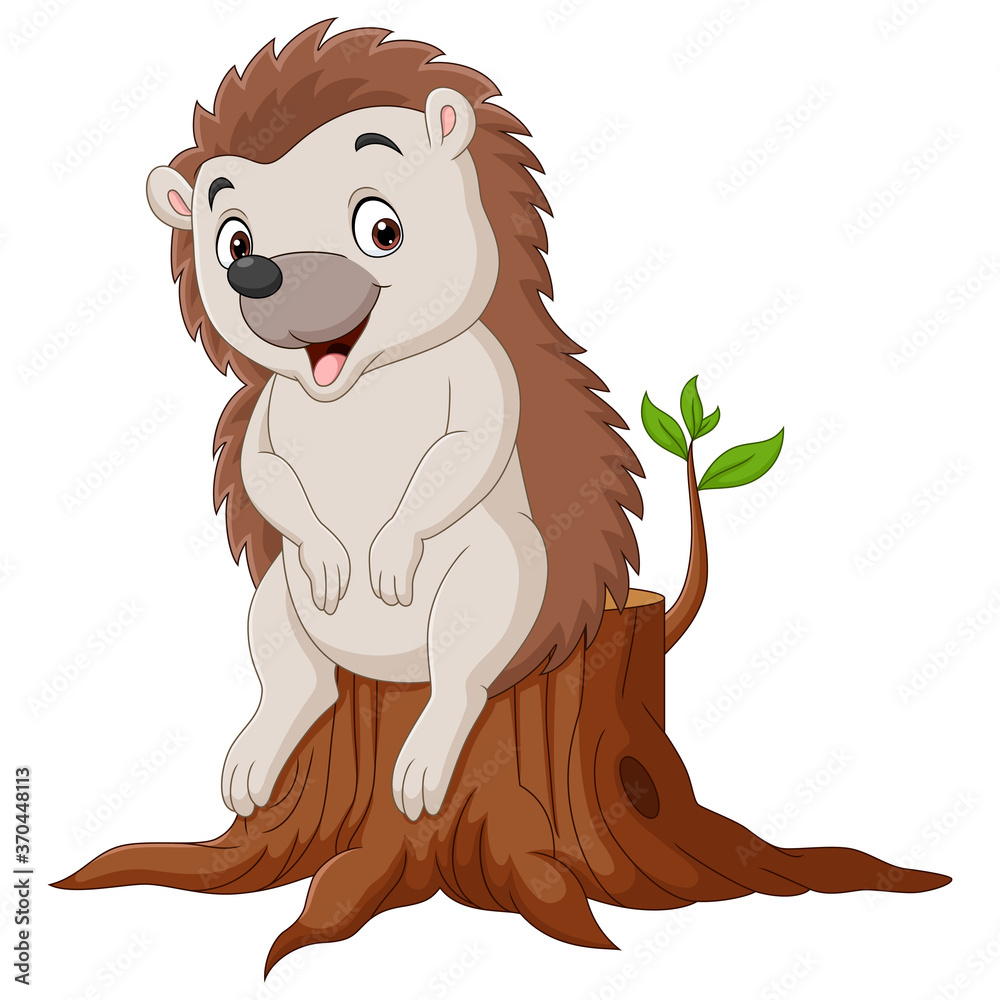 Wall mural Cartoon little hedgehog sitting on tree stump