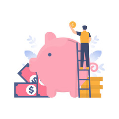 the concept of save your money, future investment, online storage. illustration of a man saving coins into a piggy bank. flat design. can be used for elements, landing pages, UI, websites