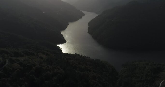Mountain River Canyon. Parada del Sil. Ribeira Sacra. Galicia,Spain. Aerial Drone Footage