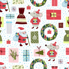 Christmas seamless pattern with Santa, wreath, mouse, snow, gift box on white background