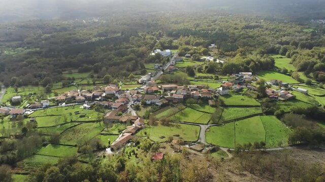 Village in the mountains. Ribeira Sacra. Galicia,Spain. Aerial Drone Footage