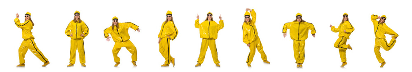 Woman in yellow suit isolated on white
