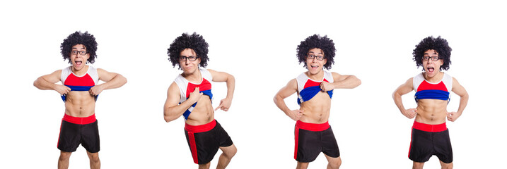 Funny man exercising isolated on white