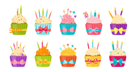Birthday cupcake flat set. Cartoon colorful muffin, delicious cake desserts. Party cupcakes, candles and chocolate slices, cream. Holiday party sweets sugar muffins. Vector illustration isolated
