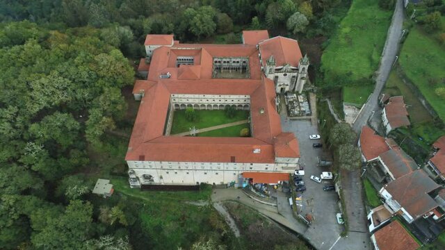 Monastery of Santo Estevo. Ribas de Sil. Galicia,Spain.  Aerial Drone Footage
