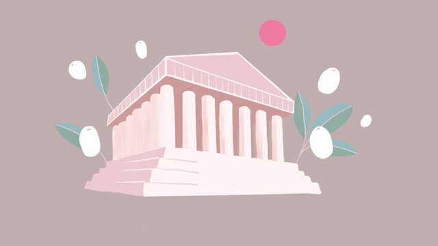 illustrated animation 4k video of ancient greek parthenon palace with the sun and olive leaves