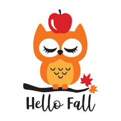 Vector illustration of a cute baby owl with Apple on a maple branch.