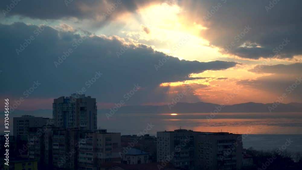 Poster urban landscape with houses on the background of the sea. vladivostok, russia