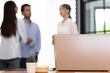 Asian business man and women meeting and talk about job in office.