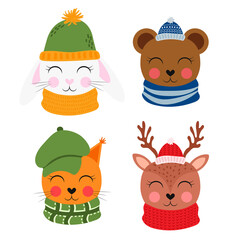 Set of cute cartoon forest animals in a hat and scarf. Rabbit, squirrel, bear, deer. Animal faces. Flat vector illustration isolated on white background.