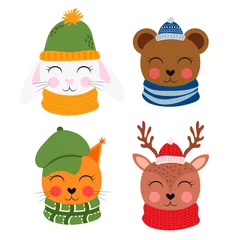 Fotobehang Set of cute cartoon forest animals in a hat and scarf. Rabbit, squirrel, bear, deer. Animal faces. Flat vector illustration isolated on white background. © iuvmiro