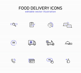 Food delivery icon set illustration: editable line icons using for online and offline shopping process app and web