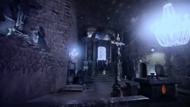 Illuminated underground Chapel of Saint Kinga in salt mine, Wieliczka, Poland