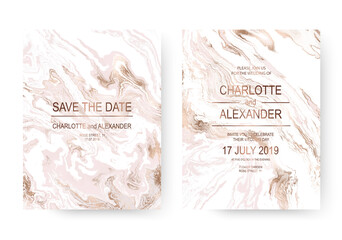 Liquid marble texture wedding invitation design cards with gold waves.