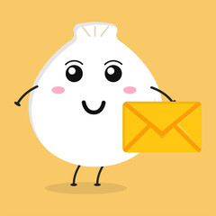 Cute flat cartoon dumpling holding an envelope illustration. Vector illustration of cute Chinese dumpling with a smiling expression.