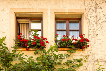 Fototapeta na wymiar A colorful window in a residential home in Rothenberg, Bavaria, Germany