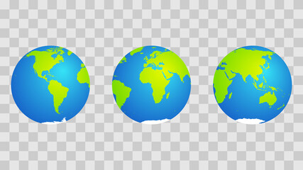 set of 3 emoji-style globes. Blue and green with highlight. Vector.