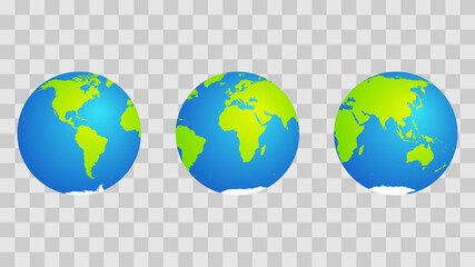 set of 3 emoji-style globes. Blue and green with highlight. Vector. © Torpix