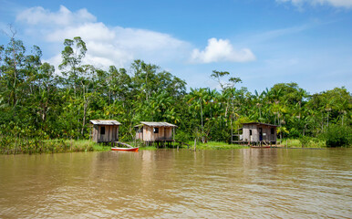 Casas ribeirinhas de madeira em margem de rio na floresta amazônica, Brasil.