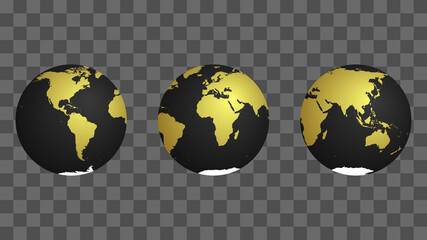 set of 3 emoji-style globes. Black and Gold with highlight. Vector. © Torpix