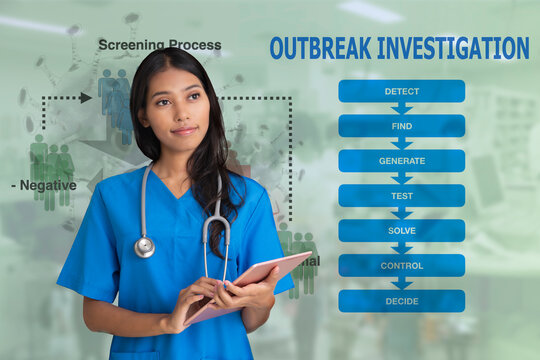 Female doctor holding digital tablet infront of outbreak investigation flowchart.